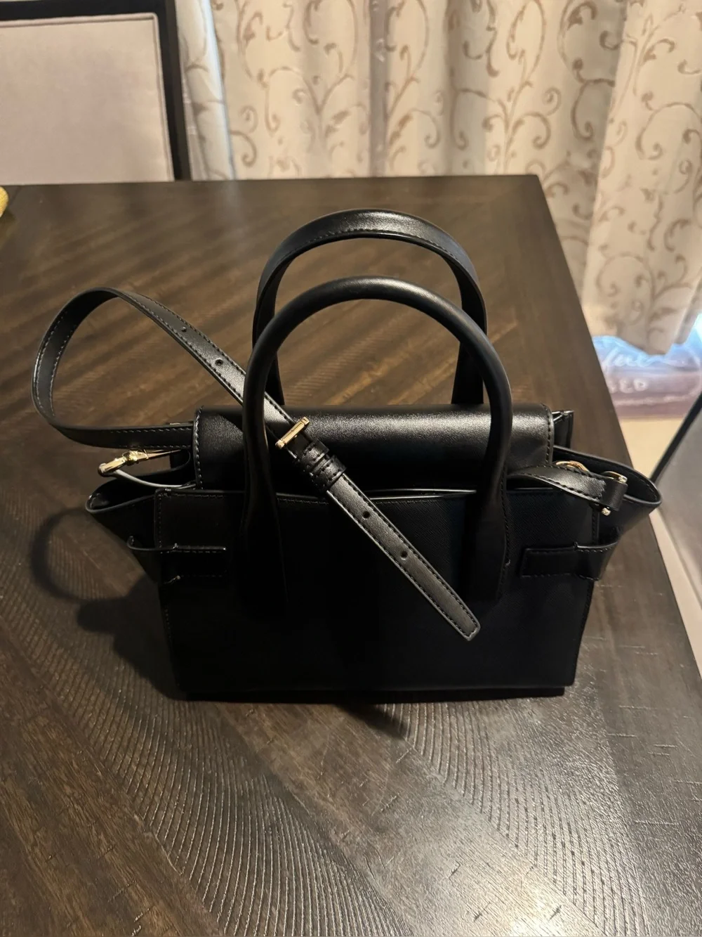Michael Kors Black Leather Medium Satchel with Gold MK Accent